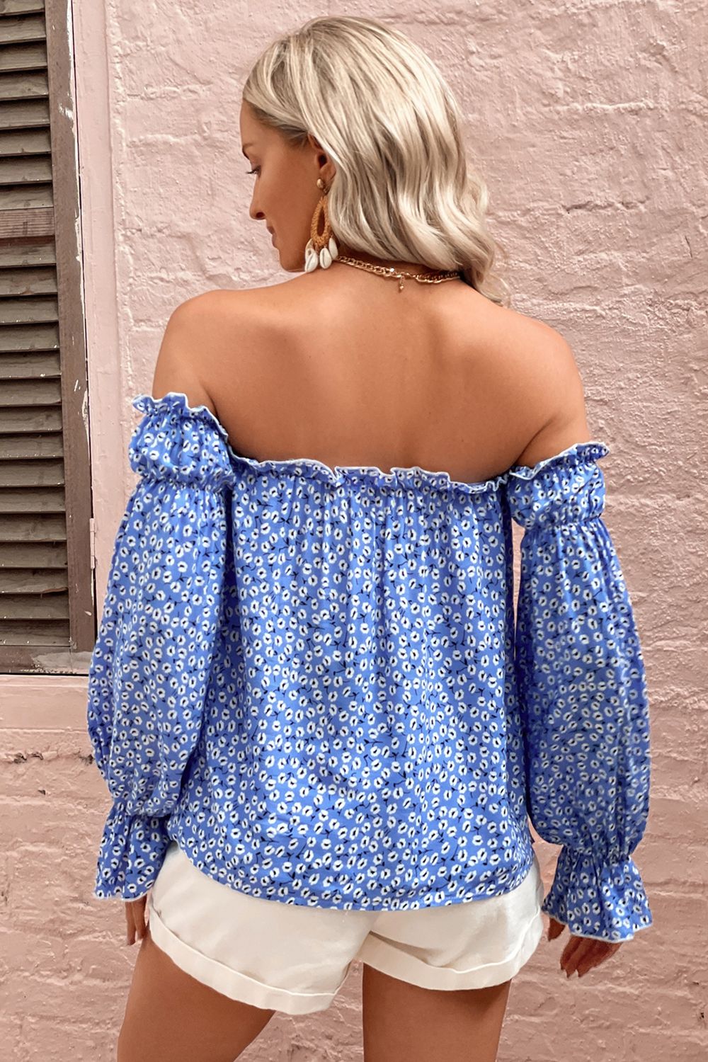 Off Shoulder Printed Frill Trim Blouse