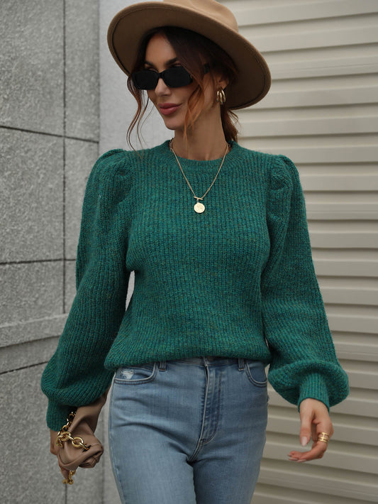 Heathered Long Lantern Sleeve Rib-Knit Sweater