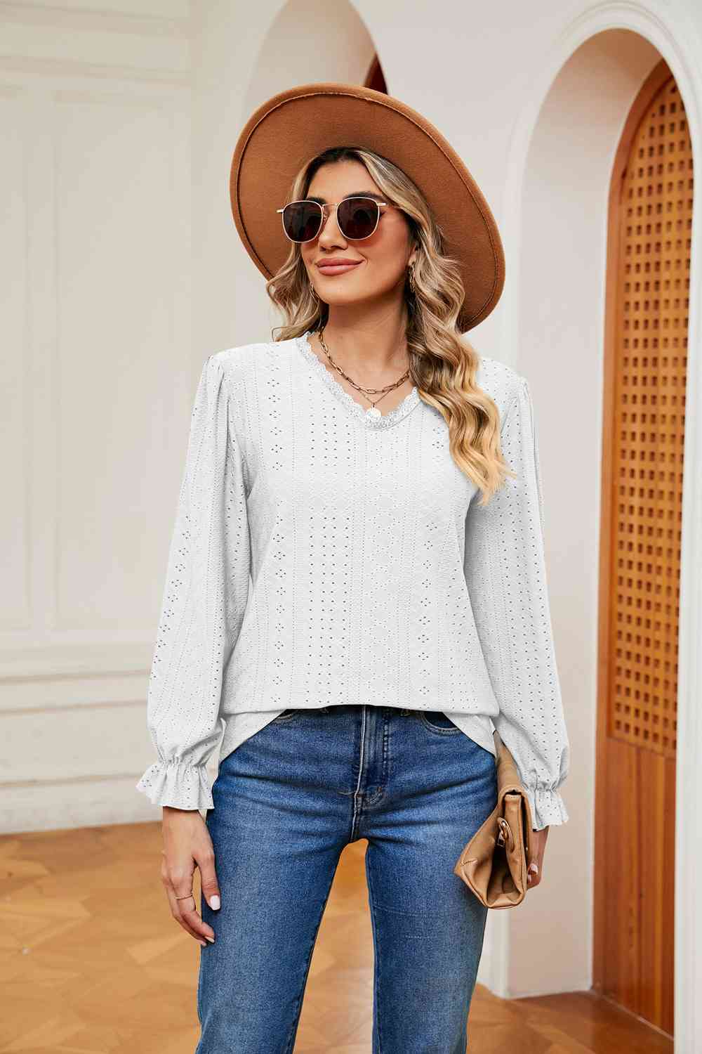 V-Neck Flounce Sleeve Blouse