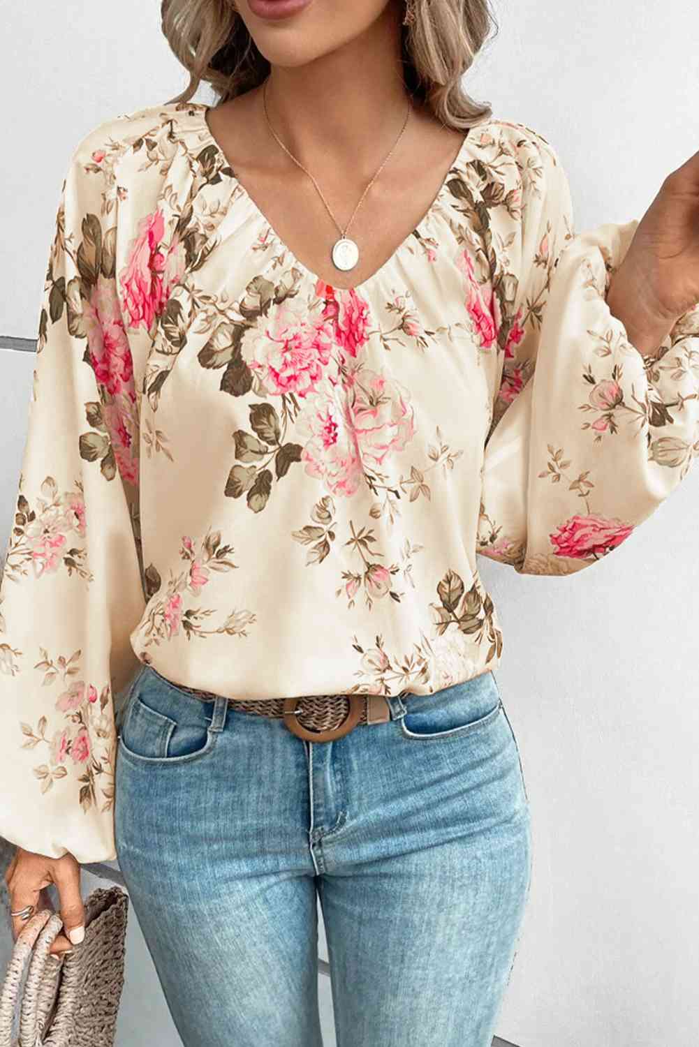 Floral V-Neck Balloon Sleeve Blouse