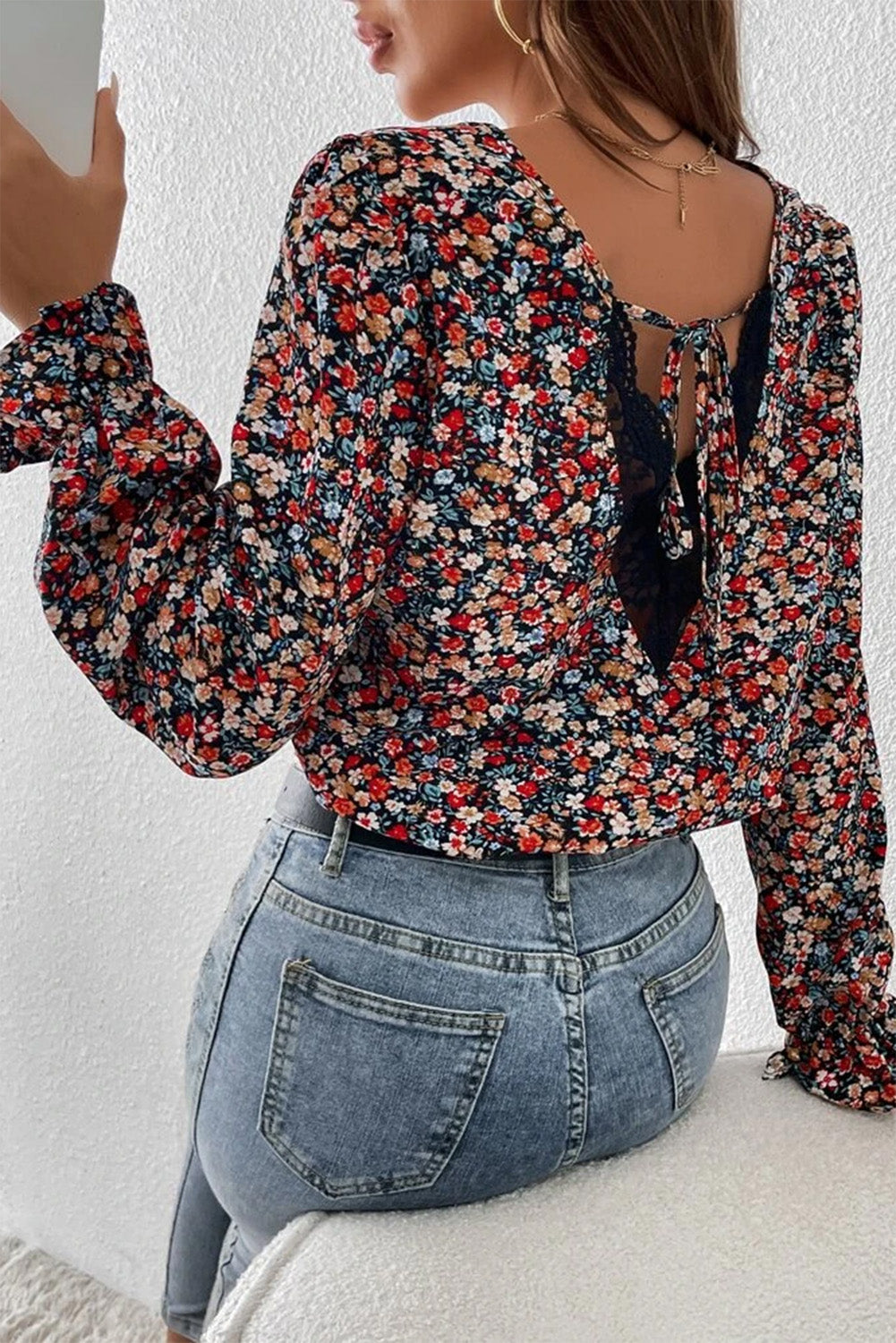 V-Neck Floral Printed Long Sleeve Blouse