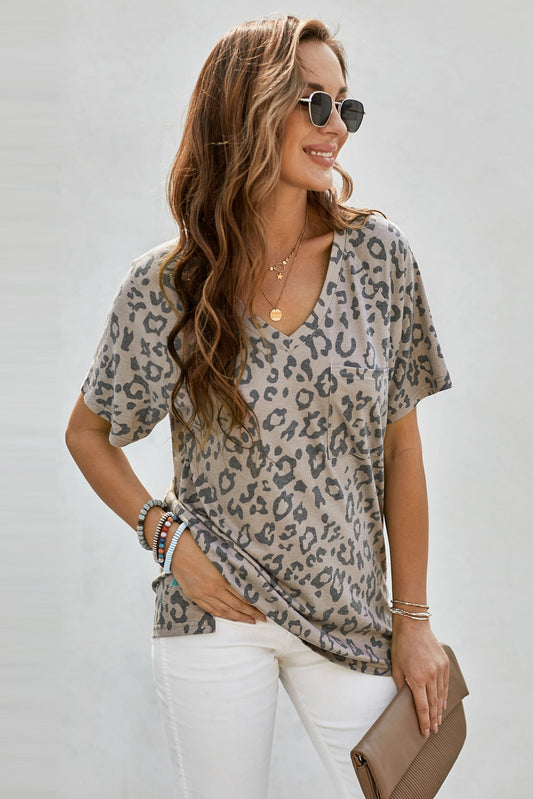 Patterned V-Neck Tee with Pocket