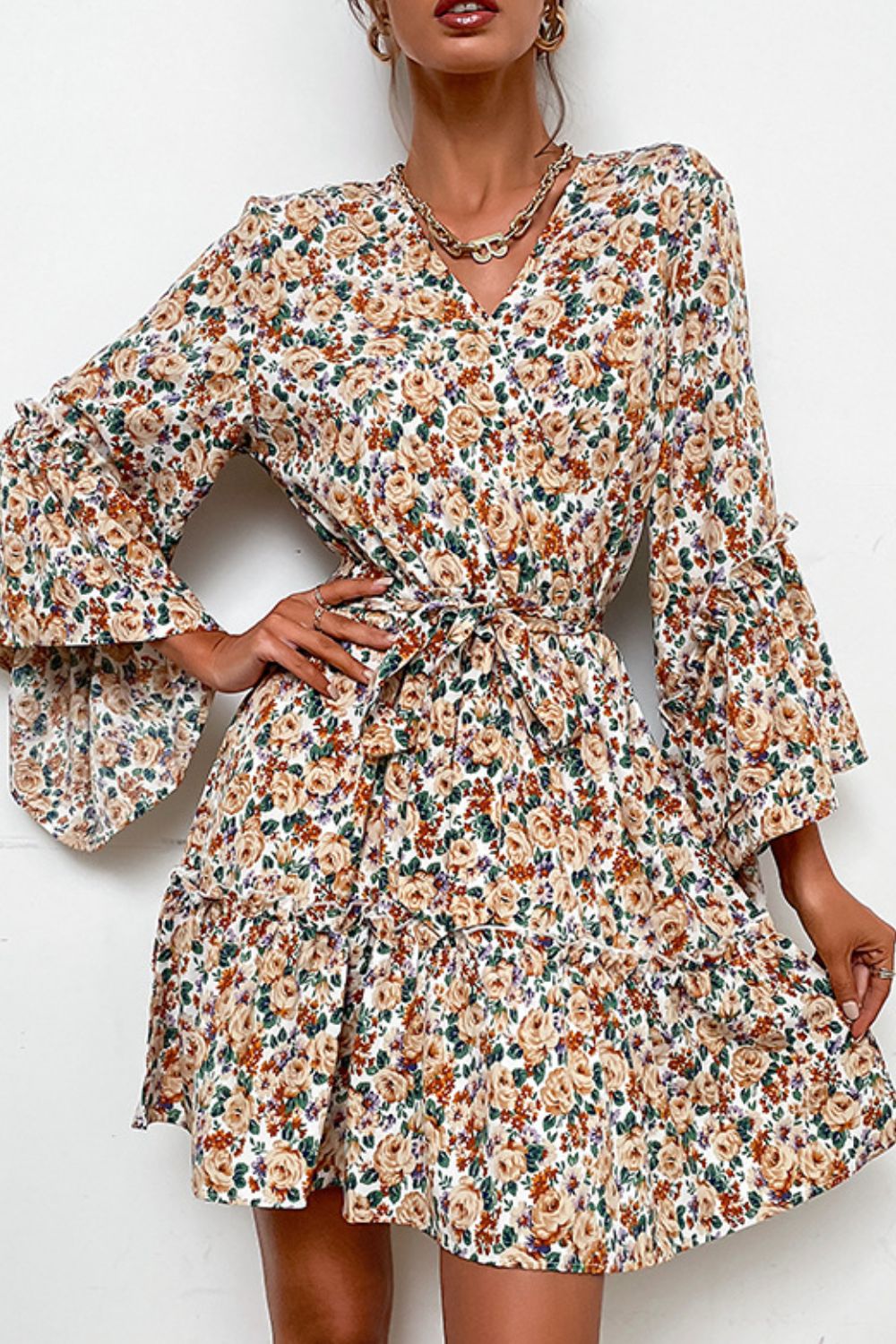 Floral Belted Flare Sleeve V-Neck Dress