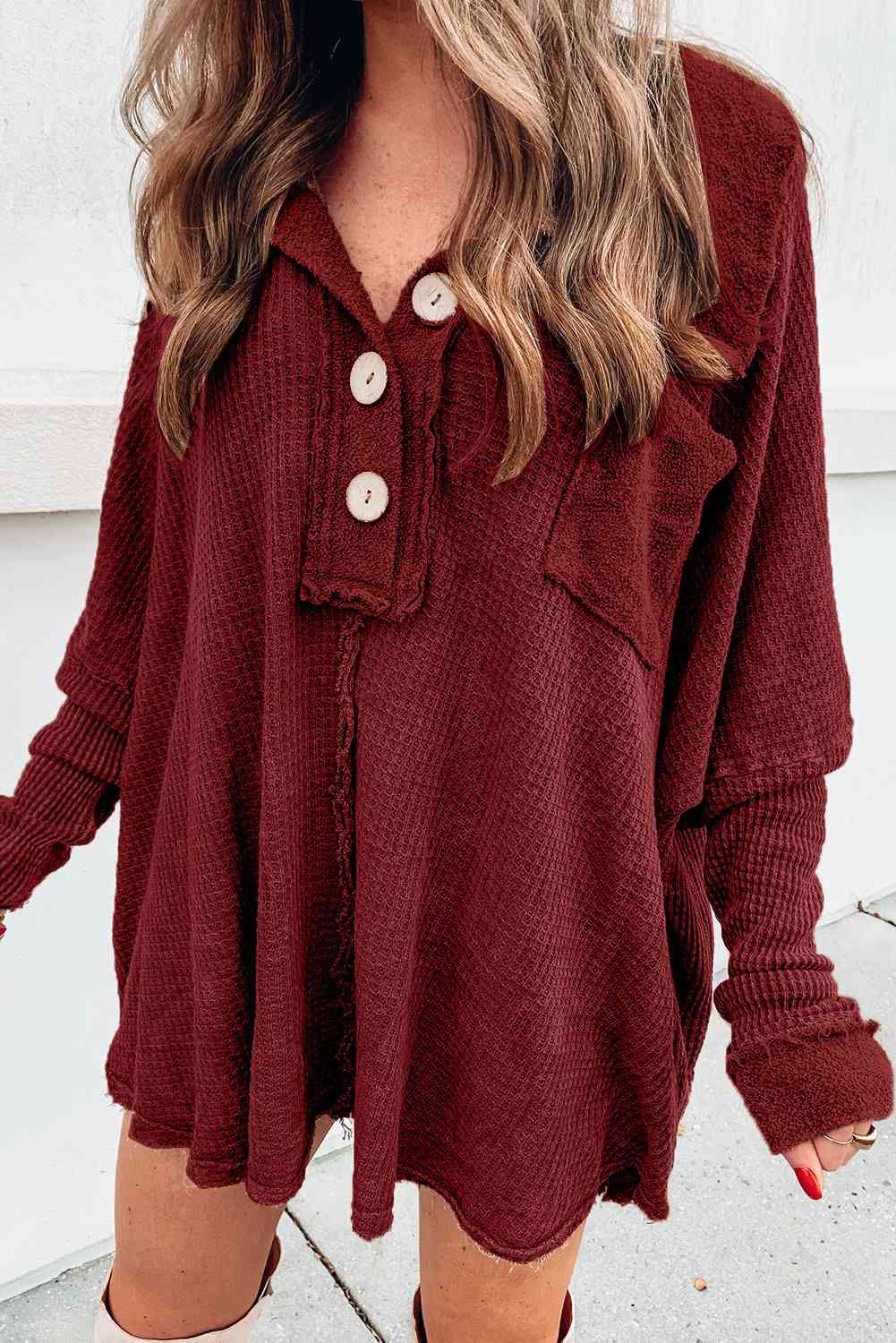 Waffle Knit Buttoned Long Sleeve Top with Breast Pocket