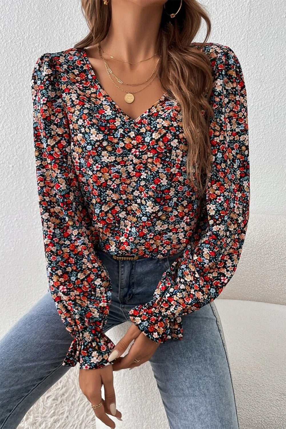 V-Neck Floral Printed Long Sleeve Blouse