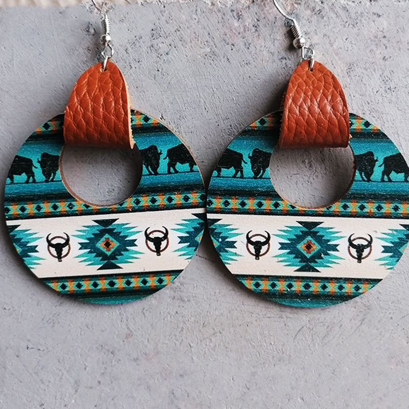 Western Round Shape Wooden Dangle Earrings