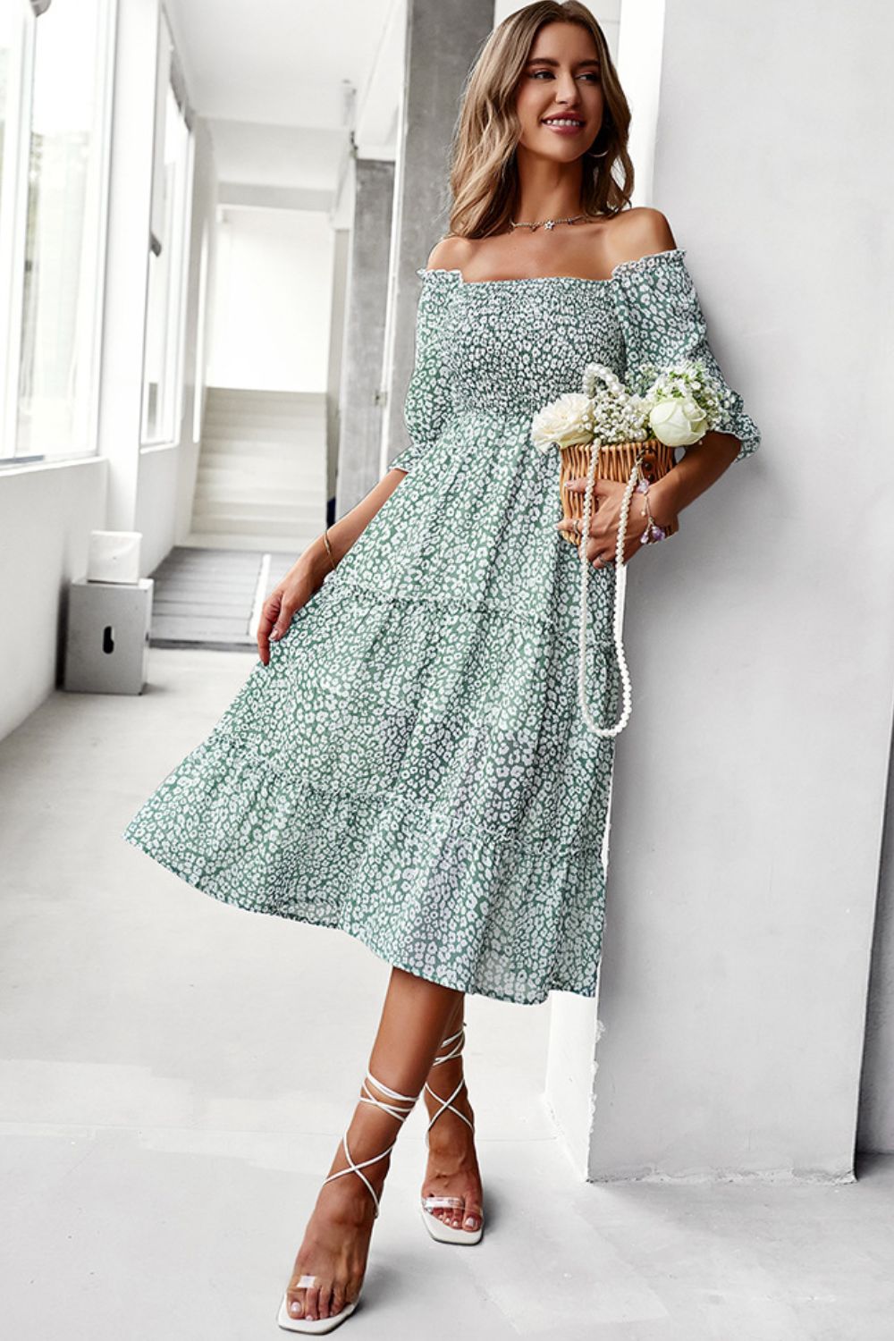 Ditsy Floral Off-Shoulder Smocked Midi Dress