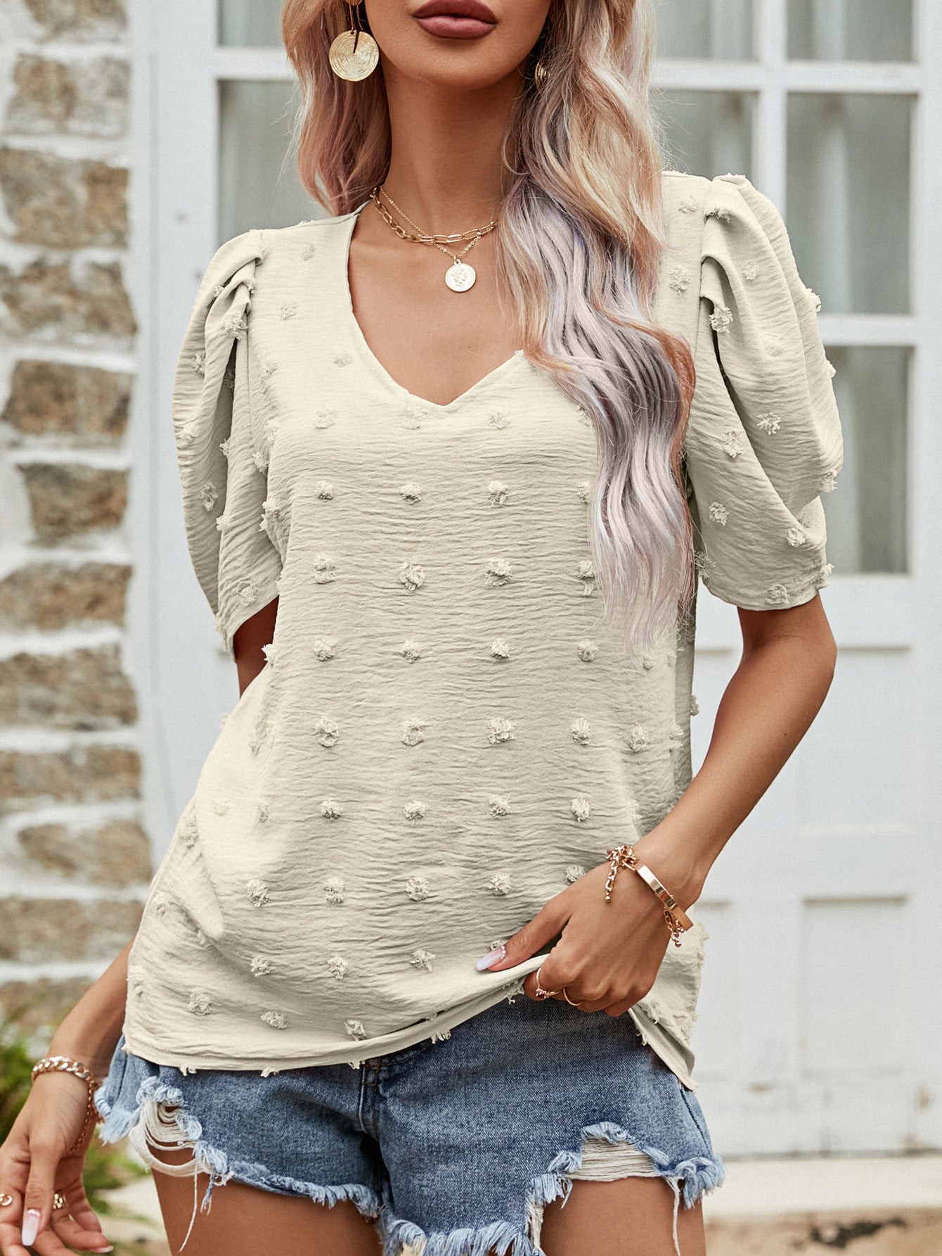 Swiss Dot Short Puff Sleeve Top