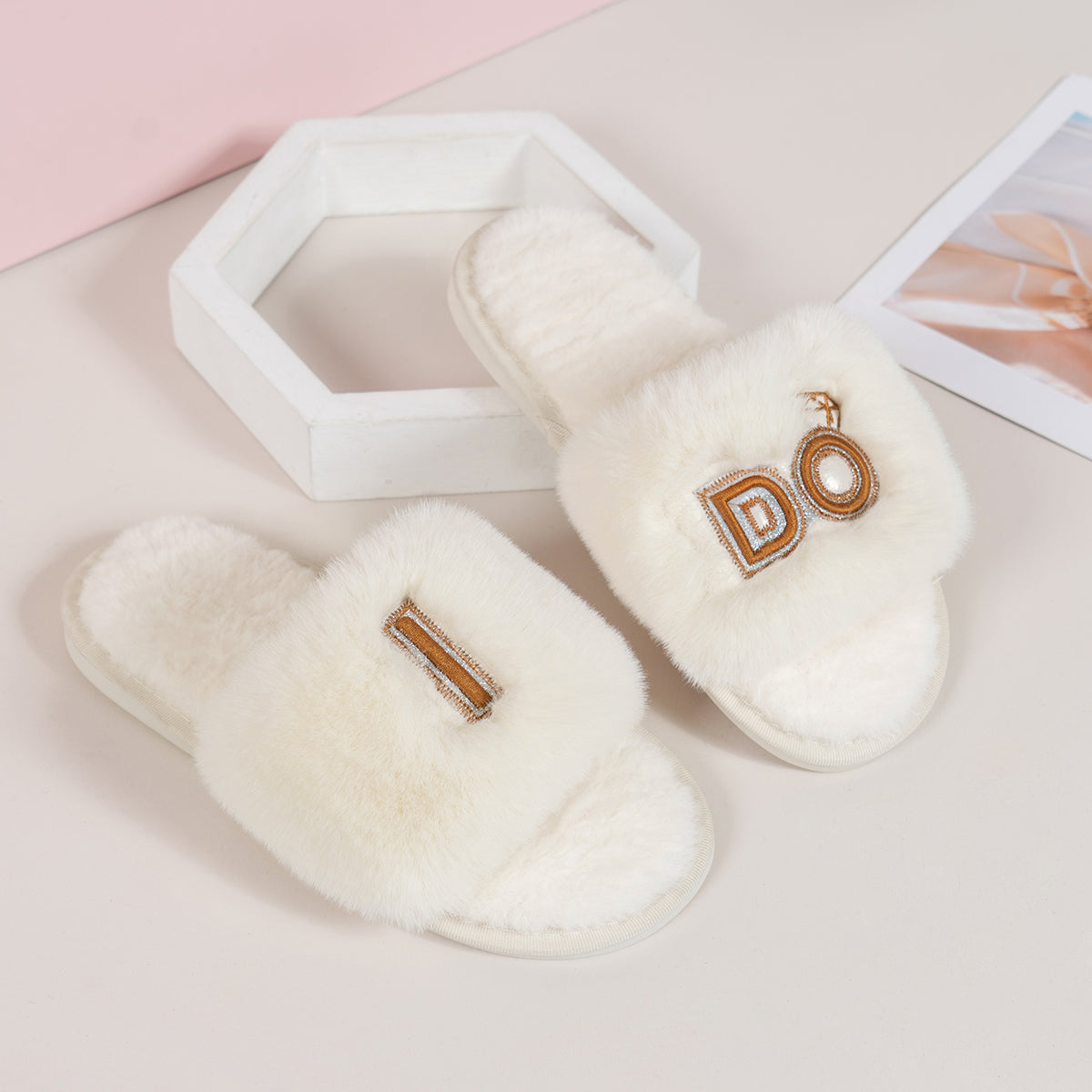 Faux Fur Open Toe Slippers