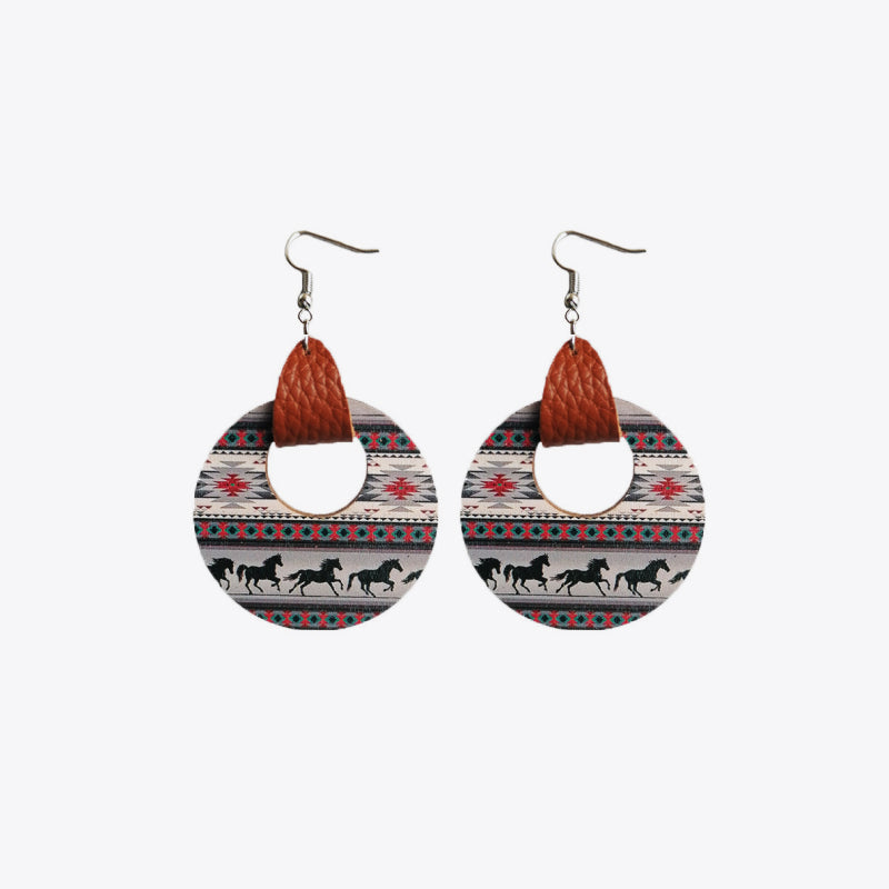 Western Round Shape Wooden Dangle Earrings