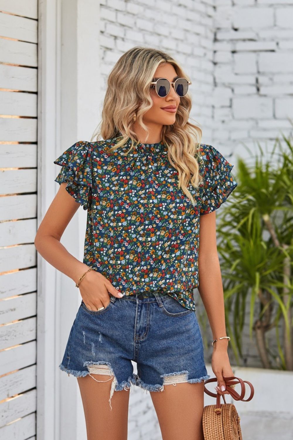 Floral Ruffle Collar Flutter Sleeve Blouse