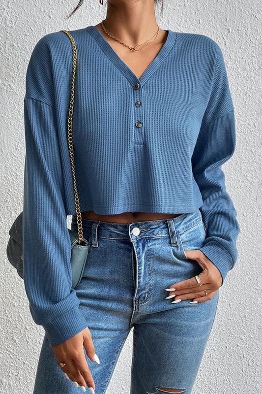 Cropped V-Neck Raglan Sleeve Buttoned Long Sleeve