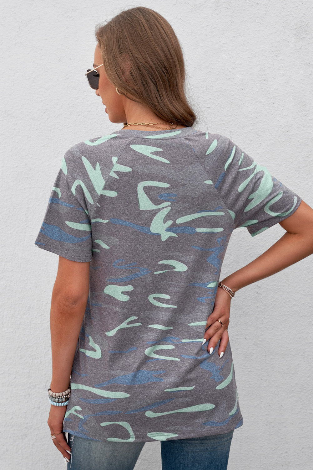 Patterned V-Neck Tee with Pocket