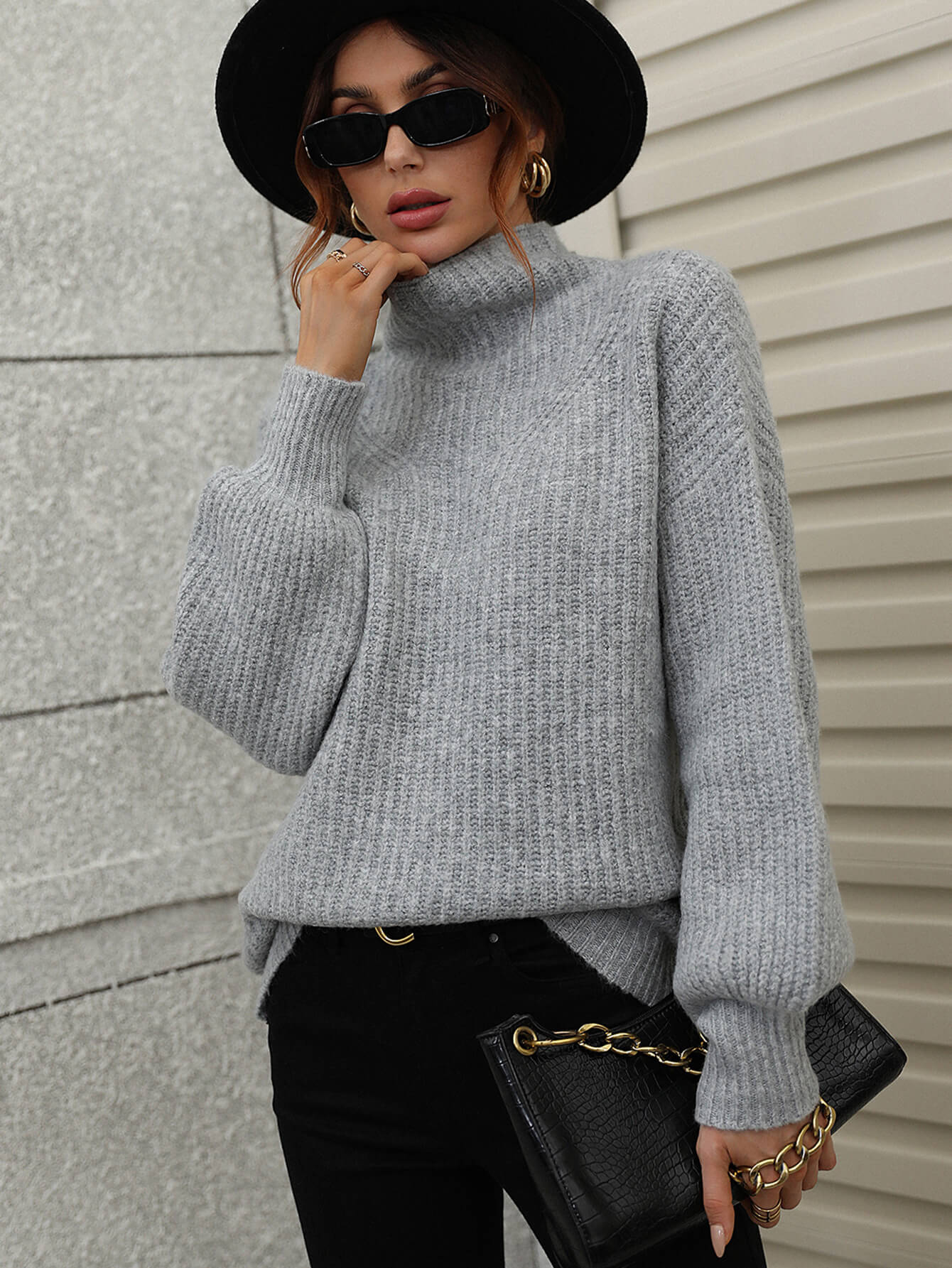 High Neck Balloon Sleeve Rib-Knit Pullover Sweater