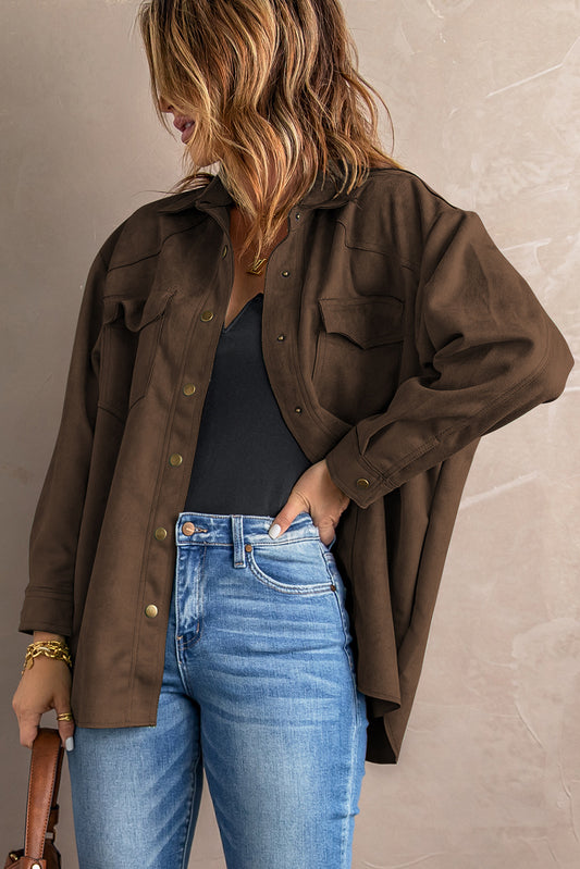 Suede Snap Front Dropped Shoulder Shacket