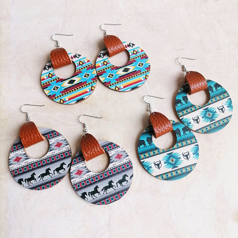 Western Round Shape Wooden Dangle Earrings