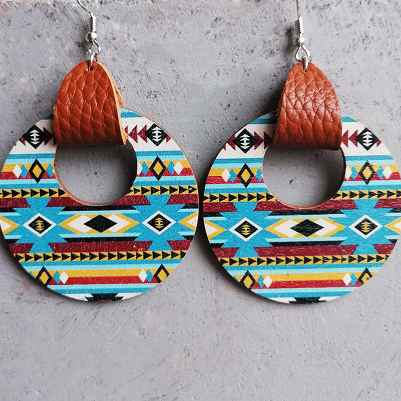 Western Round Shape Wooden Dangle Earrings