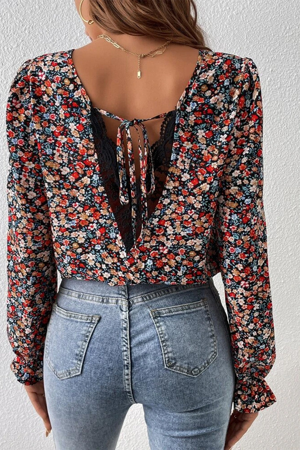 V-Neck Floral Printed Long Sleeve Blouse