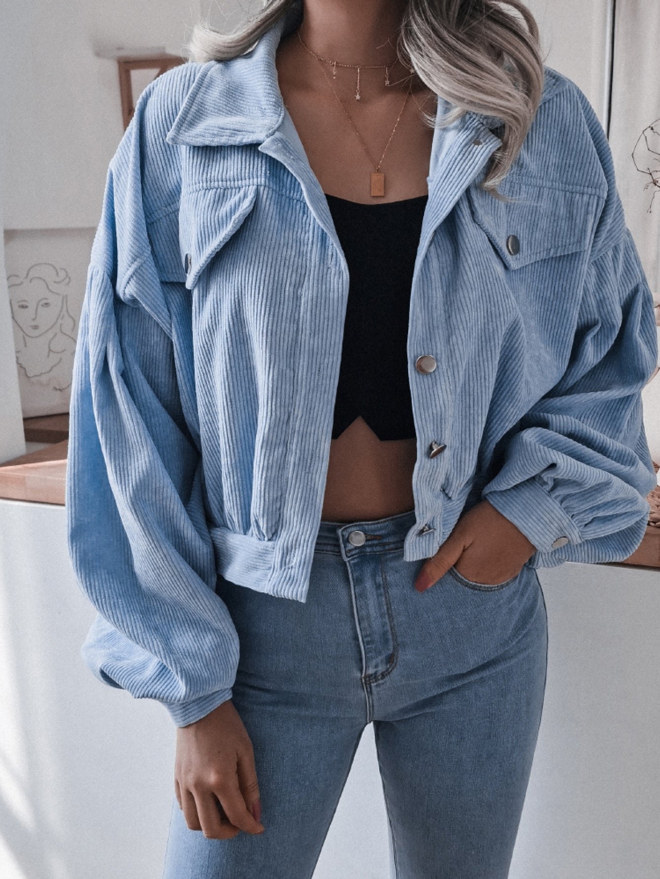 Lantern Sleeve Cropped Corduroy Jacket