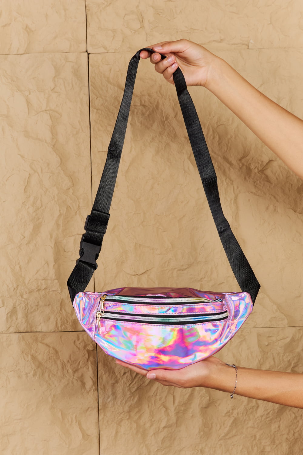 Good Vibrations Holographic Double Zipper Fanny Pack in Hot Pink