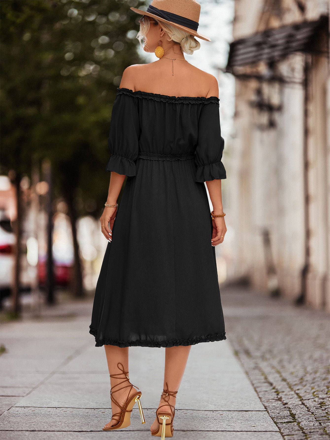 Frilled Off-Shoulder Flounce Sleeve Dress