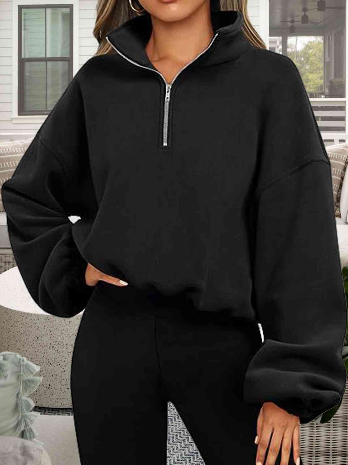 Half-Zip Collared Drop Shoulder Sweatshirt