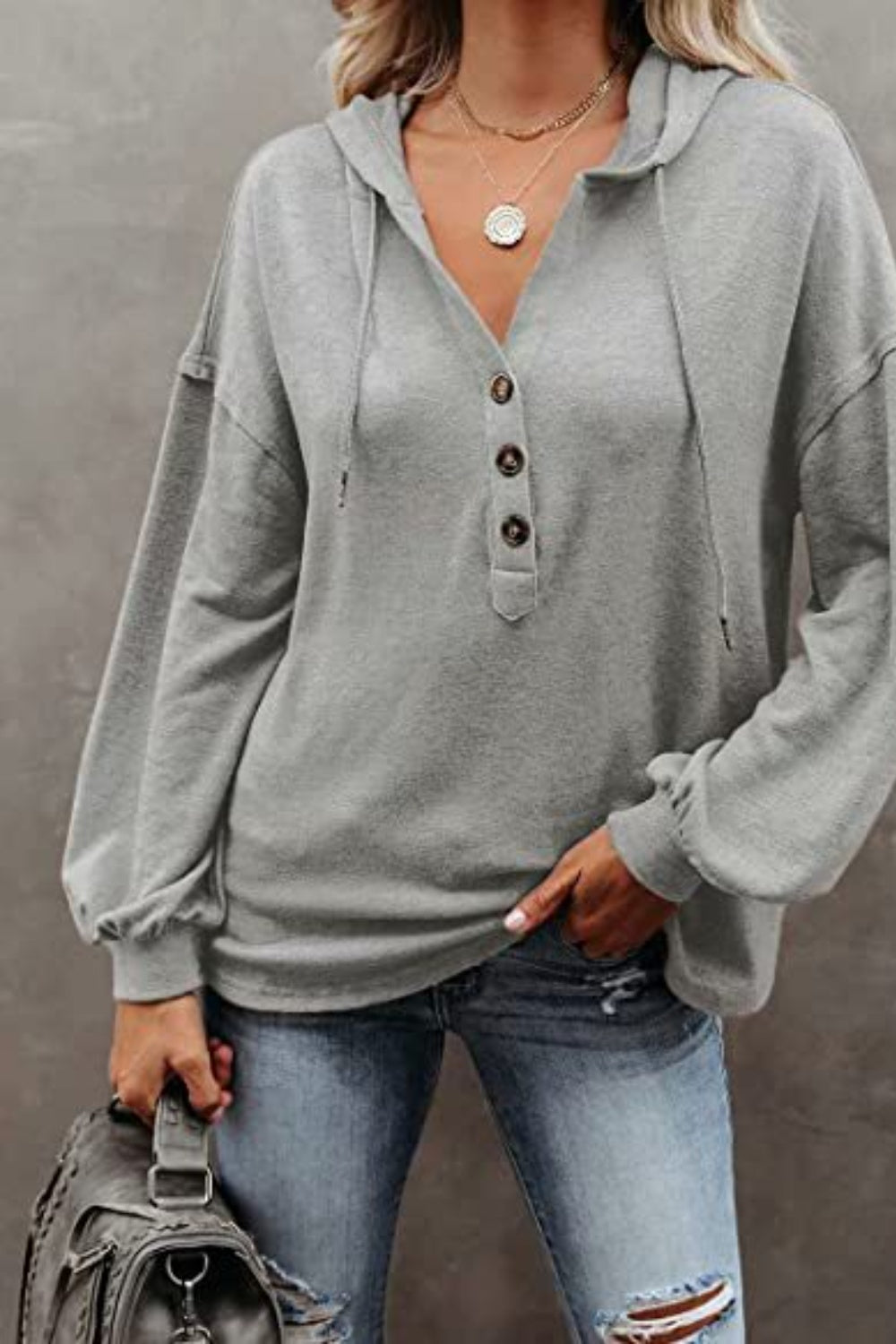 Buttoned Drop Shoulder Hoodie