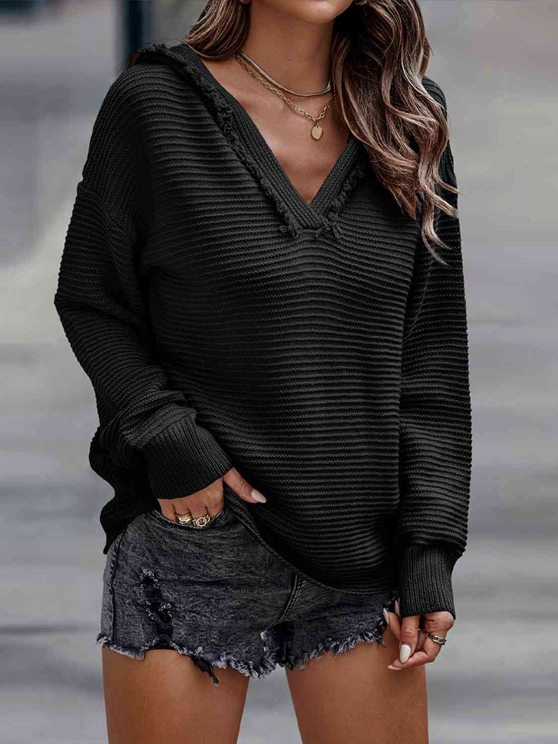 Horizontal Ribbing Hooded Sweater